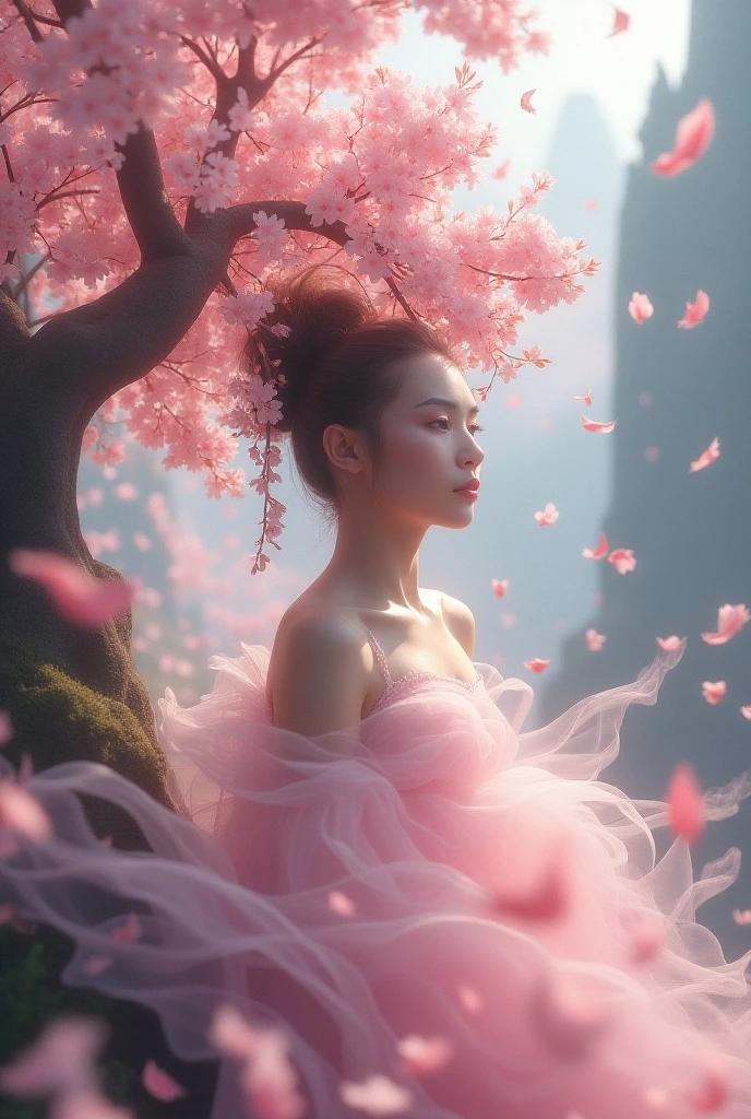 a Beautiful Elf, Pointy ears and charming eyes, sitting under the sakura tree, knee up, from below, wide shot, mid shot, full body, panorama, depth of field, looking up, pink petals, tyndall effect, backlight, Romance, film grain, RAW photo, Cinematic lighting, octane render, (best quality, masterpiece, Representative work, official art, Professional, 8k:1.3)