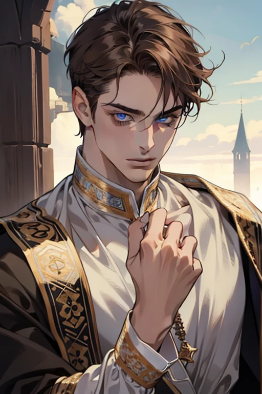 (masterpiece, best quality:1.2), (absurd res, high res, ultra detailed), 1 male, adult, handsome, tall muscular guy, broad shoulders, portrait, looking at viewer, solo, detailed background, detailed face, high fantasy, look at camera, perfect detailed face, perfect detailed hands, medieval prince, short light brown hair, light blue eyes, smiling, good looking, human, prince, royal, silk clothing, elegant