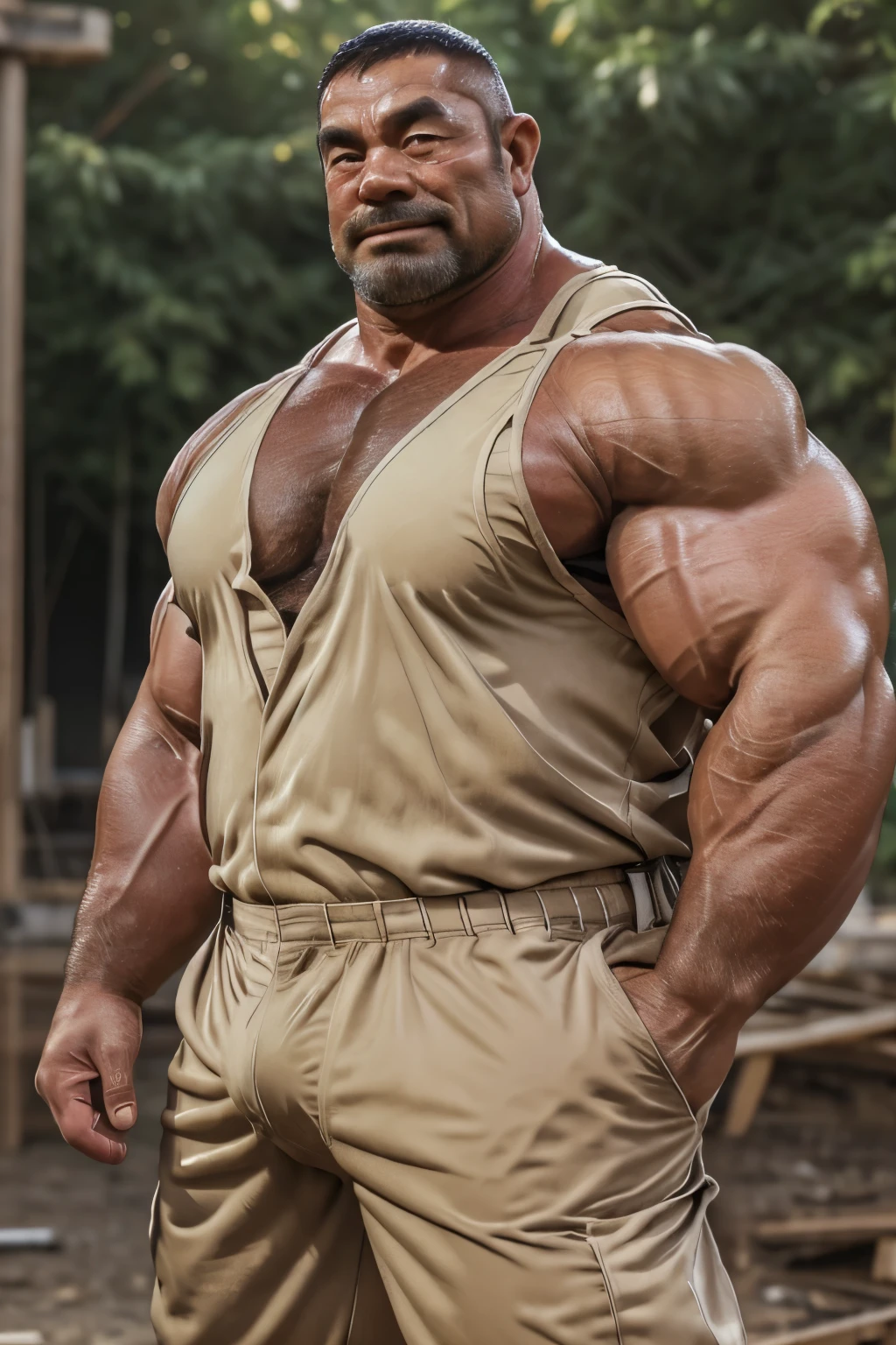 A portrait full body photograph, 8K quality, photo, ((((hdr)))), intricate scene,((upper body:1.5)) , strong burly hairy mature 40years Japanese man, A tractive mid age Japanese, (wearing a dirty white Tank top),((crying expressions)),((tears)),khaki Coverall pants,heavy worker, hard worker, balg Strong, muscular, hairy big belly bodybuilder, very short hair, very short goatee, huge nice bulge, (Construction worker costume),((looking at viewer)),((((detail eyes)))),huge penis, huge dick,(sweating:1.2), Friendly attitude,epic realistic,  nice bulge,thick public hair, NSFW, Large body, wild plump uncle, a mature adult, facial hair, thick body, muscular, bulky,(perfect body proportions : 1.2),a mature adult, bare foot,((extremely muscle size, super thick arms, huge pec, hyper pec, bigger chest, extremely wide pectoral , huge arms)), Add textures and details to make the image more realistic, such as the appearance of the. Make sure the resulting image is high resolution, 