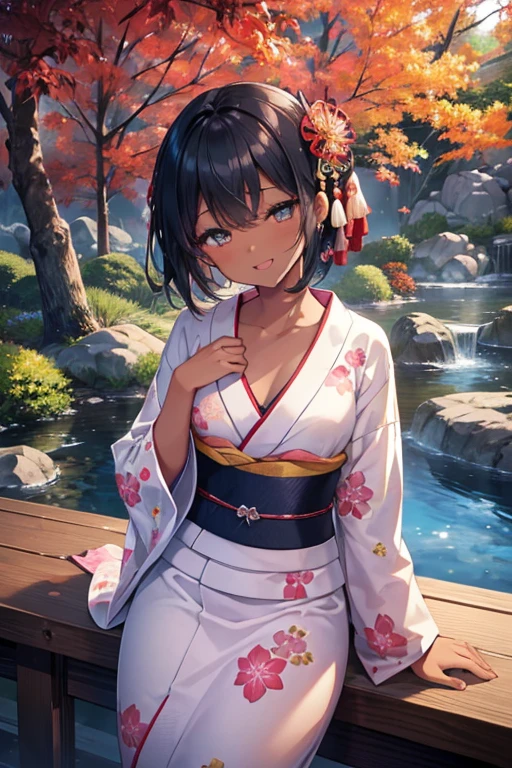 (Super beautiful woman in kimono)、((highest quality、8K masterpiece:1.3))、sharp focus:1.2、(super beautiful face:1.0)、(shiny skin:1.0)、realistic pictures、black hair、video writing、High resolution eyes and face、video writing、japanese actress、from the front、Medium chest、with a happy smile、The beauty of slender abs、whole body、wearing a kimono、cherry blossom in full bloom、luxury obi