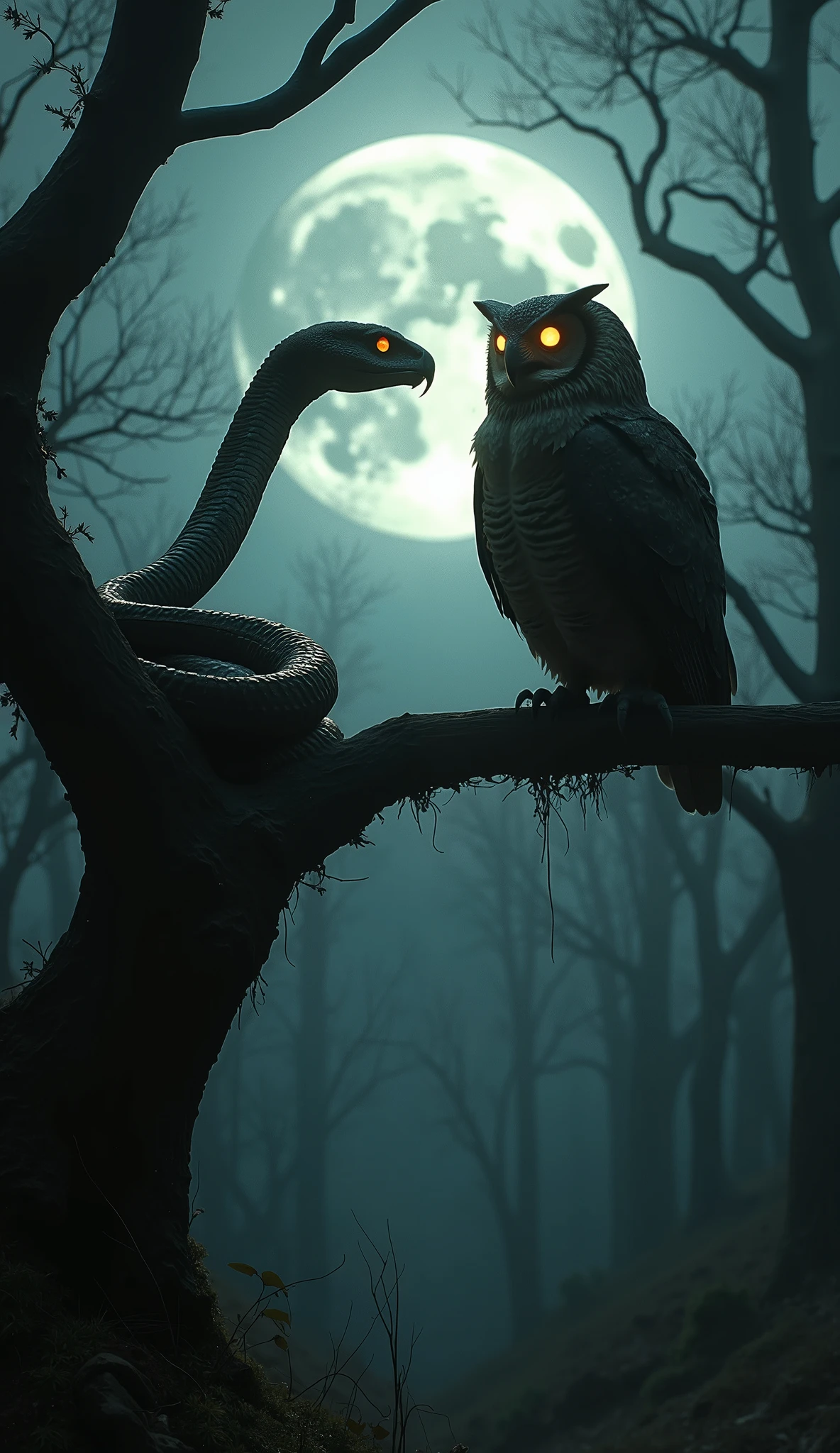 Horrror scene, outlast, silent hill atmosphere. A massive cobra and a giant owl face each other on a twisted tree branch, high above a dark forest. The cobra coils, its scales glistening under the faint moonlight, while the owl's feathers puff up, its large, piercing eyes glowing in the night. The air is thick with tension and an eerie silence, (Ultra-realistic, 32k, Masterpiece, High Quality, Detailed Realistic Background, Official Art, Realistic Lighting, filmfotos, film grain, reversal film photography), Mysterious
