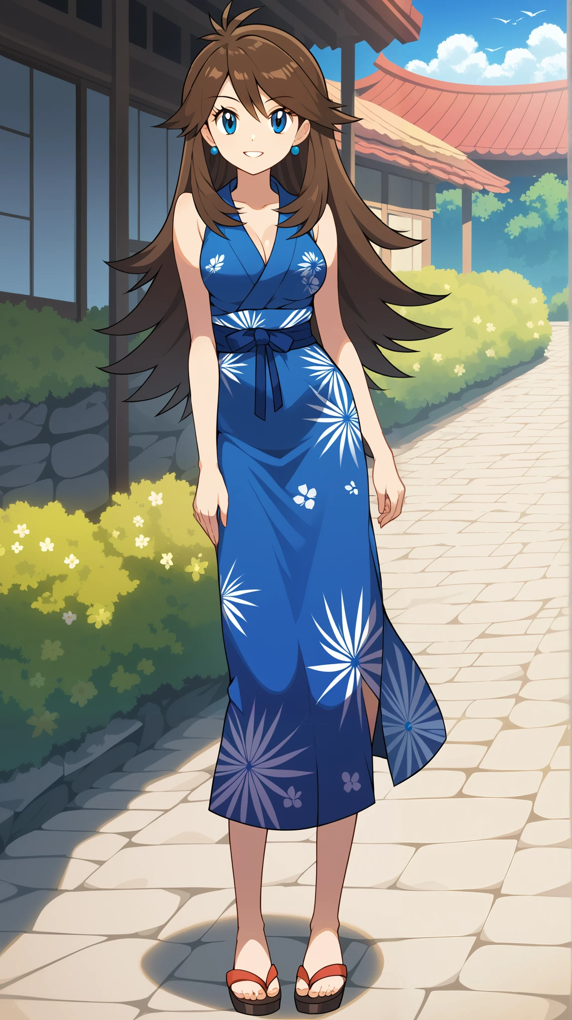  score_9,  score_8_Excellent,  score_7_Excellent,  score_6_Excellent,  best quality, sauce_Anime,  cell shading ,  flat color, vector,  detailed background , Summer festival site , Midnight,  break 1 girl , Alone, (\ Pokémon\),  brown hair, Long Hair,  blue eyes, Ample breasts,  Viewers, 1 Female, Age 18,  standing , whole body,  slim figure without arms, smile, Outdoor,  seductive smiles from all around, 色っぽいsmile, yukata, Sandals,  place one hand on your waist,  Tall, bare hands, no gloves , barefoot, fan,