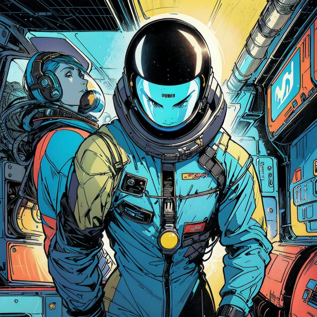 ((( Best Quality Masterpiece ))),(Lonely Goddess),(spacesuit that emphasizes cleavage ),((( 70s and 80s space thriller movie posters))),( American Comics ),((( retro vintage style ))),Overwhelmingly complex depiction,Absolute machine group background, futuristic cyberpunk ,Extremely accurate and delicate depiction,