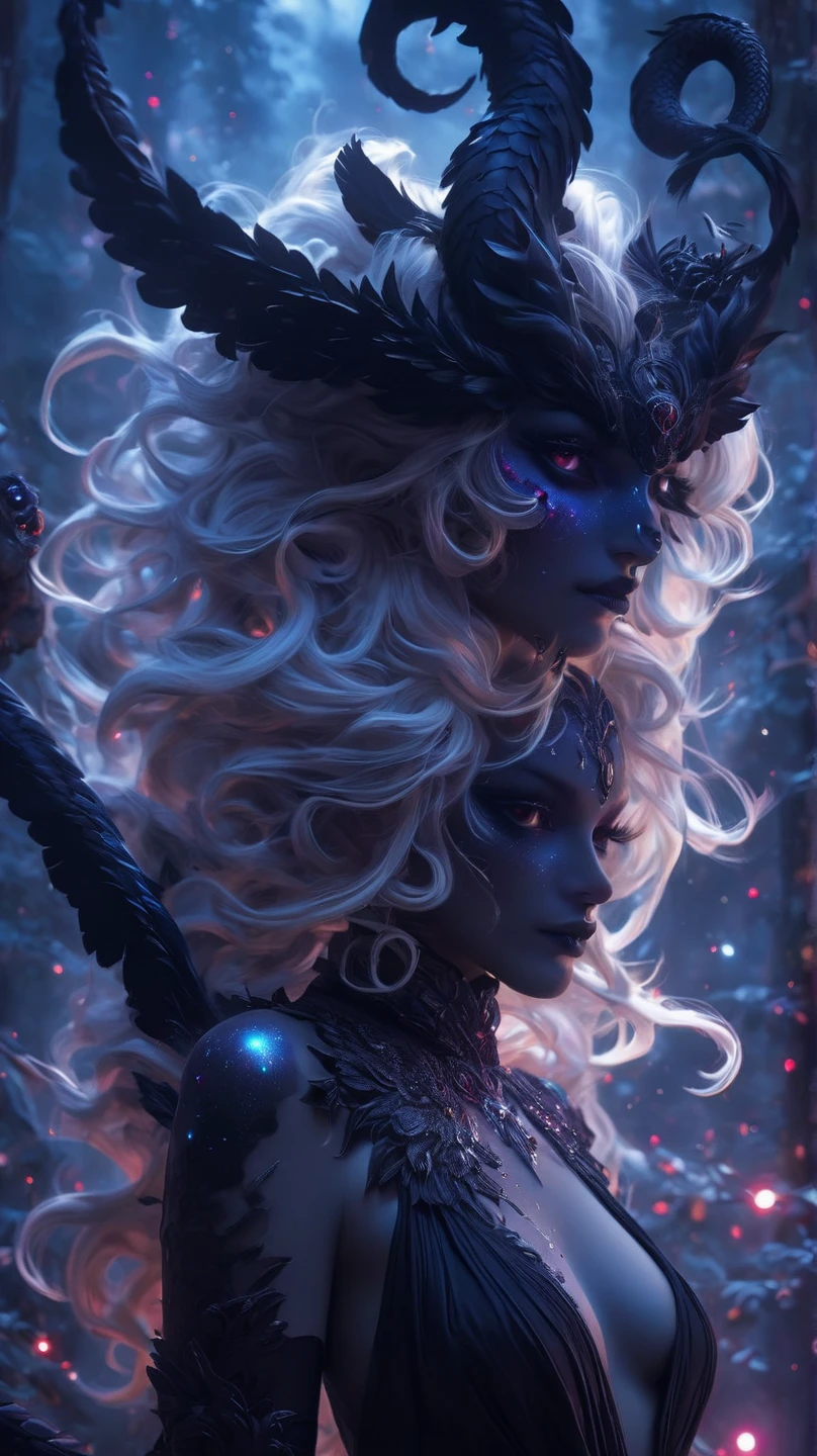 The sinister female demon from the depths of the universe,The face is terrifying,elegant appearance,Intense expression,pale skin and dark shades,Sharp fangs,(Extra long,Extremely detailed) Snake eyes all over the body,flowing long black hair,Long black wavy hair,Glittering red eyes,Sharp claws,Dark aura,Ominous atmosphere,Devilish existence,smoke,Cosmic background with stars and galaxies,Celestial Landscapes,Mystic energy,Ethereal Light,Otherworldly beauty,Nebula dust and scattered planets,Lunar eclipse and meteors,Milky Way Dust and Lights,The beauty of cursed and,Snake-like and scales,glowing black wings,with intricate patterns,Metallic black feather wings,jagged mountains silhouette,Charming glowing forest with twisted trees,Phosphorescent Flowers and Plants,Blood-red moon,Shattered Dimensions and Portals,Crackling sparks of electricity and energy,unforgettably beautiful,deceptive and confusing,Female manipulation and supernatural powers,Mysterious and ,Powerful and wild,Awesome and respectful,Gothic and Surrealist art styles,Contrasting colors,Black and red palette,Dramatic lighting and deep shadows,juxtaposition of light and dark