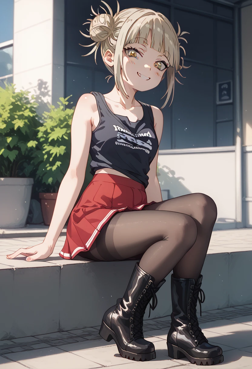 Himiko Toga,  black mesh tights, black boots, red mini skirt with black , sexy lace tank top