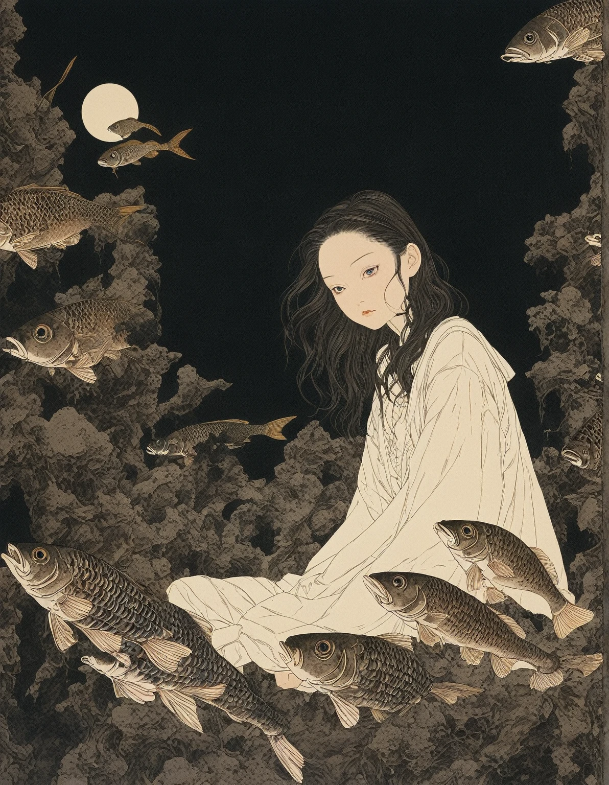 Takato Yamamoto style、Please generate an illustration of a beautiful girl observing an exhibition room in a museum filled with fish bone specimens. The main thing is fish specimens. The exhibition room is dark and only the fish bone specimens are lit up. Incorporate fantasy elements with magical landscapes. Please make it look like the key visual of the anime. --s 1000 --c 1 --style raw --no lowest detailed , lowest quality , poor illustration , flat , realistic --niji 6 --sref 3277626525