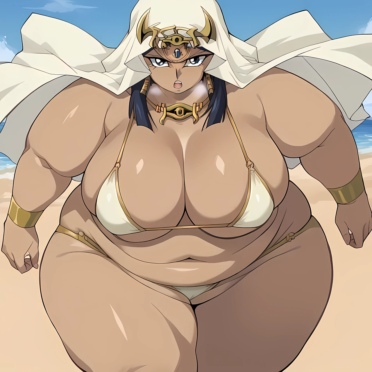 score_9, score_8_up, score_7_up, BREAK source_anime, BREAK II, 1girl, solo, looking at viewer,  eye of horus headpiece, eye of horus necklace, forehead jewel, head scarf,  fat, chubby, obese, gigantic arms and legs, large breasts, Ishizu Ishtar, detailed face, perfect quality, open mouth,  out of breath,, teacher's cloth, in a school, standing,