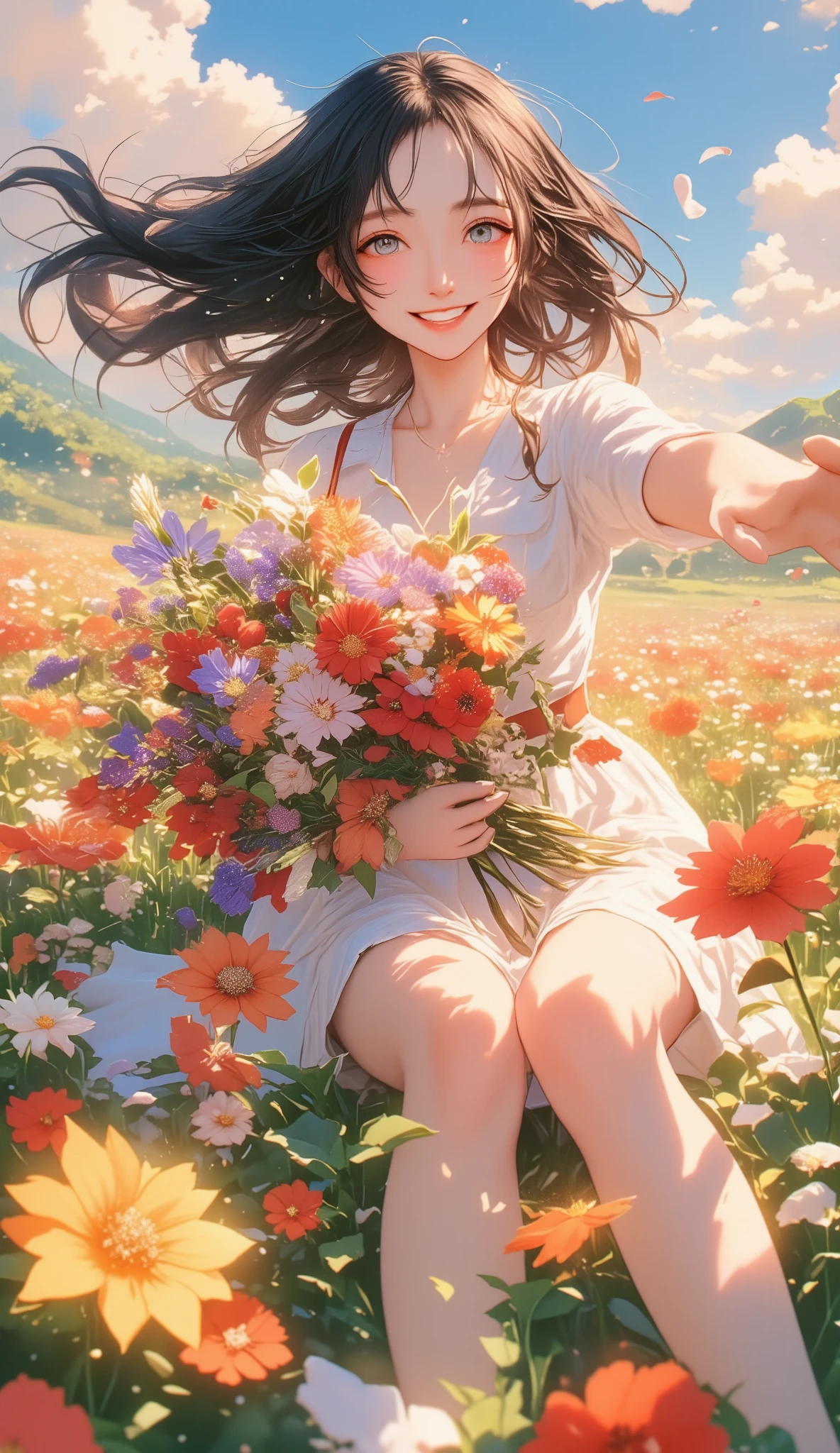  Official Art,  wallpaper,  several people having fun with each other while having very detailed , ((( several people having fun with each other while having very detailed ))), Realistic Portrait , ( High Quality , masterpiece,  high definition ) ,  8K HD Streaming,  High Quality , There is a woman, Colorful flowers々Surrounded by, Flower Field, Portrait of a woman holding flowers,  beautiful young dark-haired woman with flowers , Delicate and vivid illustrations with a wonderfully dreamy , 4K, 8k,  background blur, smile, ,   from below, dynamic, Wide angle, Aperture F1.2,  anatomically accurate , Low Angle, Full body images,   short stature  ,   Hair Blown in the Wind , Portrait of a woman holding a flower with dancing petals shining ,  horizon , dance, Bouncing,  western dress