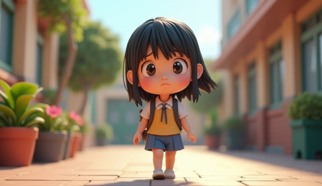 1 Female elementary school students, going, sad face, 3d chibi animation style