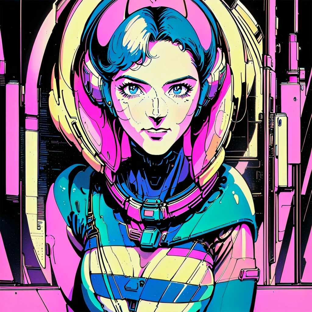 ((( Best Quality Masterpiece ))),(Lonely Goddess),(spacesuit that emphasizes cleavage ),((( 70s and 80s space thriller movie posters))),( American Comics ),((( retro vintage style ))),Overwhelmingly complex depiction,Absolute machine group background, futuristic cyberpunk ,Extremely accurate and delicate depiction,