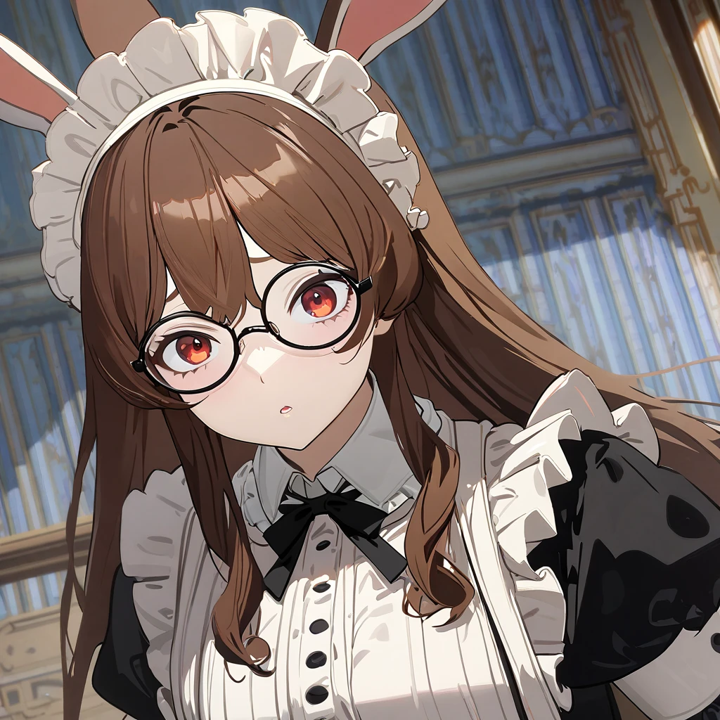 1girl,solo,long hair,brown hair color,rabbit ears,maid costume,round glasses,frightened look,looking at viewer,in Western-style mansion,UHD,High Resolution,master piece,Best Quality,High Quality,super Details