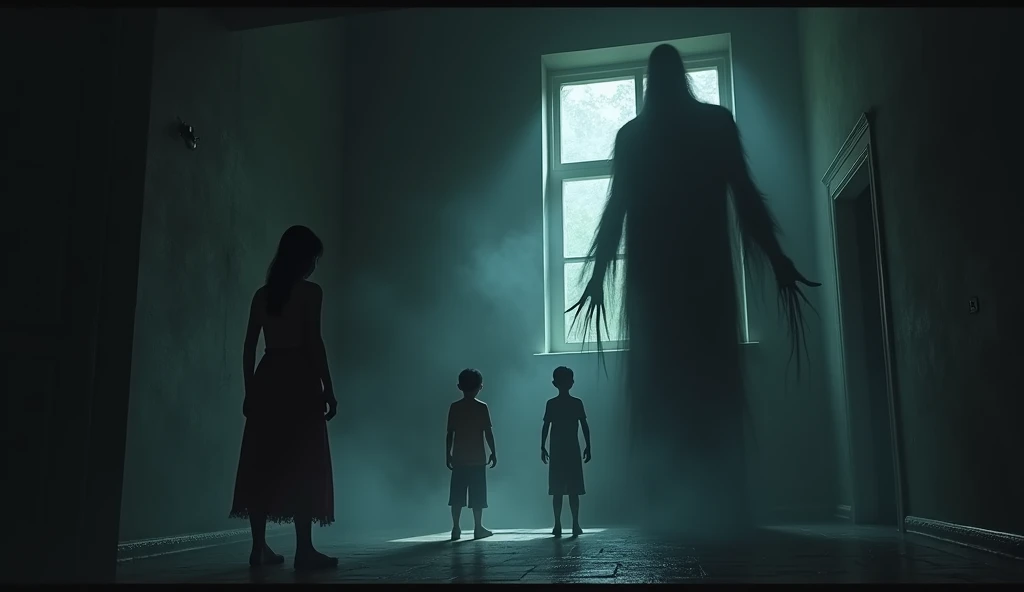 create a creature that looks like a horrifying woman slowly rising, with big nails, revealing his deformed face with a sewn mouth and deep-set eyes in an abandoned and old house attacking three age boys