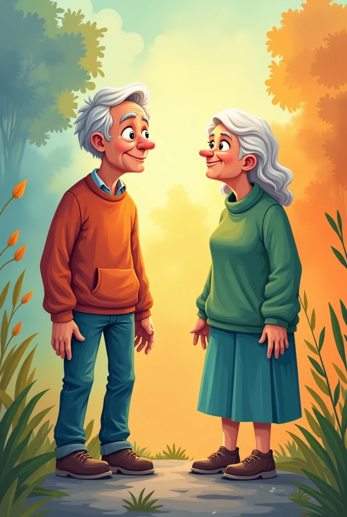 create an image of adulthood and maturity/old age for a poster making. make it cartoonish and easy to draw. make the background colorful that represents the life of adulthood and maturity/old age