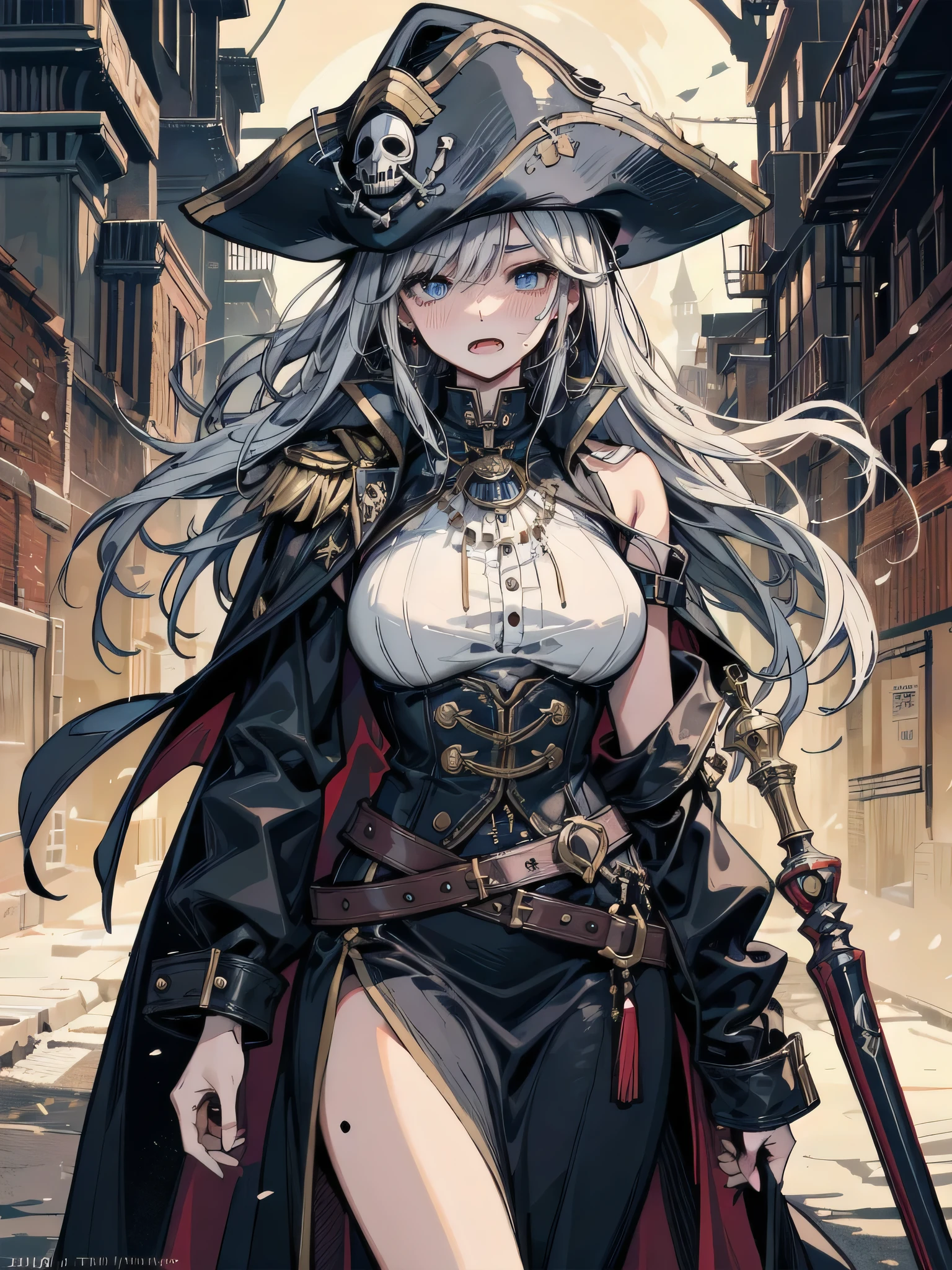 Character 2B, wearing a red pirate cape, blindfold, high image quality, 4K , front view, pirate hat