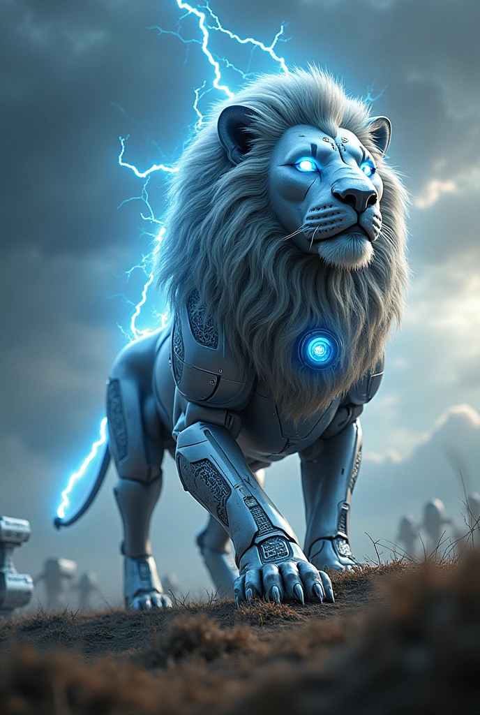 "A stunning fusion of technology and mythology, showcasing a cybernetic lion imbued with the power of Thor. Its metallic mane crackles with arcs of glowing blue energy, and its body is constructed of polished silver and steel, adorned with Nordic engravings. Its tail ends in a hammer-like structure, radiating lightning with every step. The lion’s glows with a miniature reactor that pulses with the energy of Mjolnir, and its piercing, glowing eyes exude a sense of authority and divinity. The backdrop is a windswept battlefield under a stormy sky, with the lion commanding the elements, symbolizing the unity of myth and advanced technology."