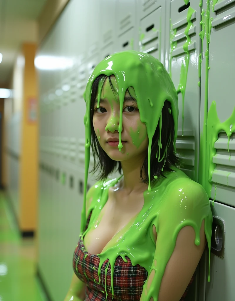 Film photography of a Korean girl covered in green slime. photorealistic, raw photo, film photography, 8k, hd, masterpiece, hyper realistic, super detailed, extreme realism, photo realistic, sharp focus, wearing plaid dress, cleavage, wet custard dripping down head, wet custard dripping down body, glistening slime, viscous strands, inside school hallway, leaning against lockers, sensual lighting, skinny, slim, petite, slime, dripping green goo