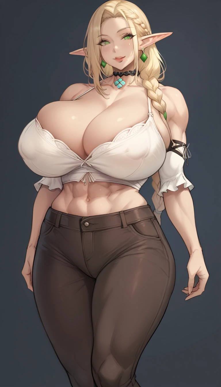 1girl,a drawing of a woman wearing oversized elf pants and top with long blonde hair, 1girl, breasts, elf, pointy ears, mole, blonde hair, braid, jewelry, mole under mouth, long hair, green eyes, earrings, choker, cleavage, huge breasts,Bustiers Vintage,The image shows a woman with light skin and long blonde hair. Her hair is braided and falls down her back. She wears a white dress with a brown bodice, a black band around her neck, and brown pants. She has pointed ears and wears red beaded earrings. His eyes are green and he has a pleasant and confident expression. The woman stands with her shoulders back and her feet slightly apart. She gives the impression of being strong and self-confident. ,best quality,masterpiece,leather pants, sketch , white blouse, looking viewer,gigantic_breast,huge_breast,muscle_abs,round_hip,wide_hip,metal owl,ntr_face,false smile, forced smile, half-closed eyes, blushing,,evil smile girl,drunked eyes,half-closed eyes,parted