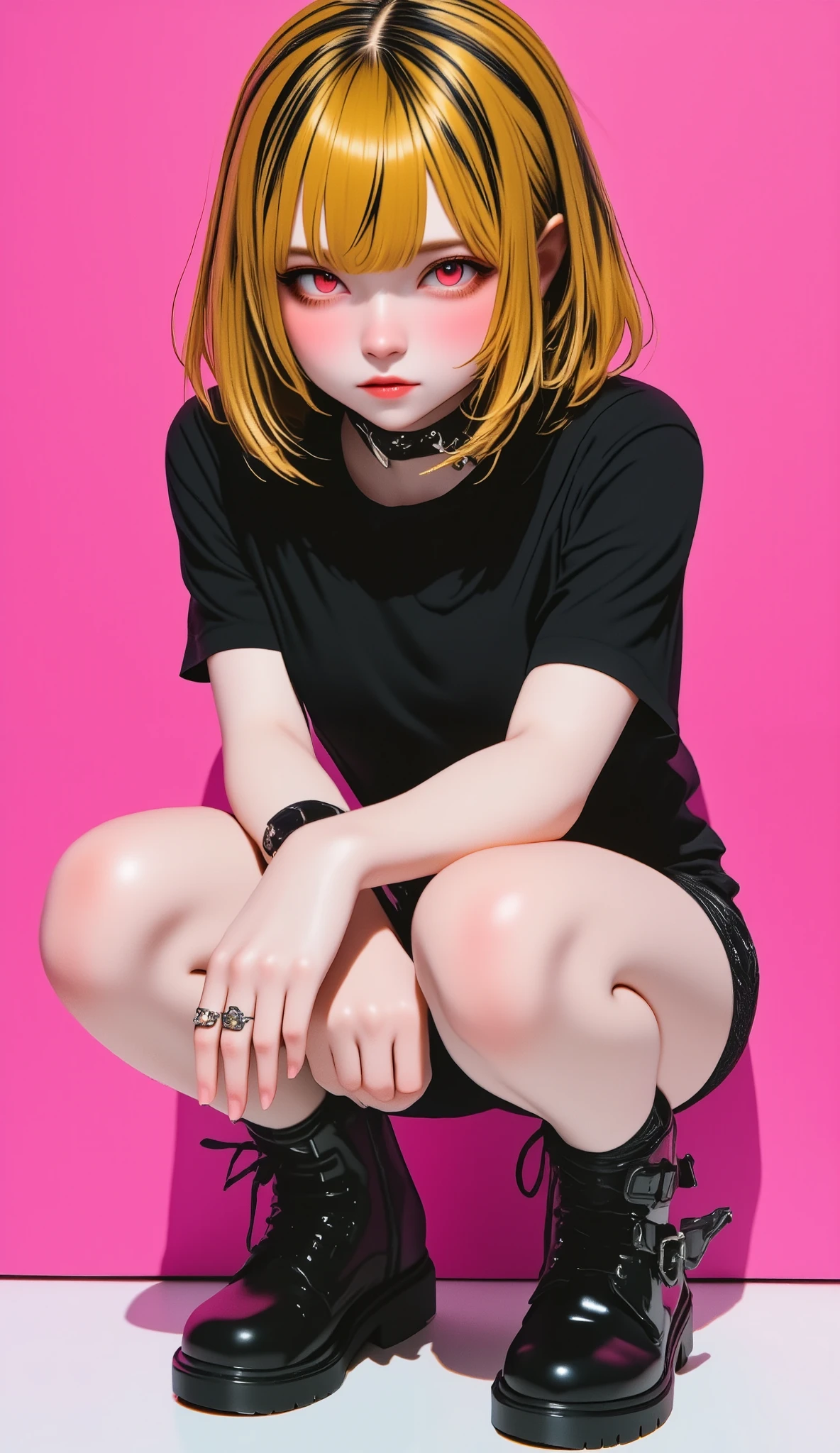   RAW Photos from the Last Century 、Realistic、 best quality、masterpiece、B  pink background. black and white,   golden striped hair ,  super cute girl, red eyes. Squat,   gothic t-shirt  ,   Gothic Shorts  ,   black boots,  tsundere sister , ring ,   pink background,   anime art style ,  Detailed illustration ,   bright color  ,   soft writing,   focused gaze,   edgy look ,   expressive face ,   Unique style  , Eye-catching, ,   detailed hair, Realistic shadows, 8k