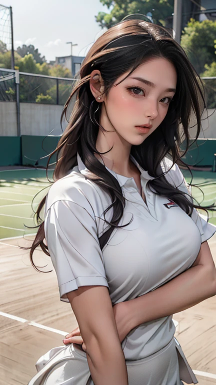 NSFW, Only 1 girl, White polo shirt, white sneakers, Tennis clothes, Ultra short miniskirt: (10 centimeters long) white color, Masterpiece, Best quality, realistic, hyper detailed, perfect body, (face symmetrical), Slim and dynamic complexion, seductive look, Short wavy black hair, brown eyes, Jack-O pose, Oriental solar lighting, intricate details, High resolution, sharp focus, Depth of field, detailed eyes, sharp pupils, Realistic students, (breasts: 1.3) , (thighs: 1.4), outdoors, blue sky