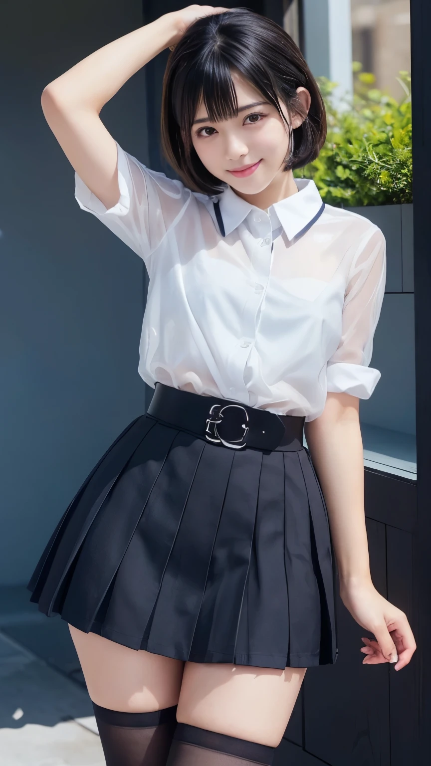 (Masterpiece:1.2, high quality), simple background,gray background, Chest thrust pose, Chest show-off pose,breast appeal pose,(japanese girl),(yo), solo, 
white school dress shirt ,
black eyes, navy blue school miniskirt, pure gaze, navy socks,plaid skirt, arms behind back,hands behind back,
((Tight fitting clothes)), ((Tight fitting shirt)) , (see-through shirt:1.5)
,
black hair, black eyes,
kawaii, light smile, (sweat), short hair, Black Hair,  hash cut,layer cut, ((messy hair )),hair between eyes, (beauty legs),volumirous breasts,big breasts,
((Cute face)),((pretty face)),
face detail, 
thin eyebrows ,
glow skin,face focus, breast focus ,thigh focus,glow skin


