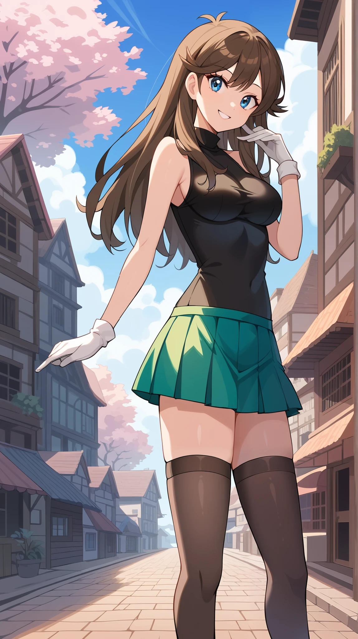  score_9,  score_8_Excellent,  score_7_Excellent,  score_6_Excellent,  best quality, sauce_Anime,  cell shading ,  flat color, vector,  detailed background , town, building,  break 1 girl , Alone, (\ Pokémon\),  brown hair, Long Hair,  blue eyes,  black knee-high stockings, Ample breasts,  Viewers, 1 Female, Age 18,  standing , whole body,  slim figure without arms, smile, Outdoor,  seductive smiles from all around, 挑発的なsmile,  pink sleeveless shirt without gloves,  green pleated mini skirt without gloves, Absolute territory,  put one hand on the lower back ,  Tall, Orange shoes, bare hands, No gloves,
