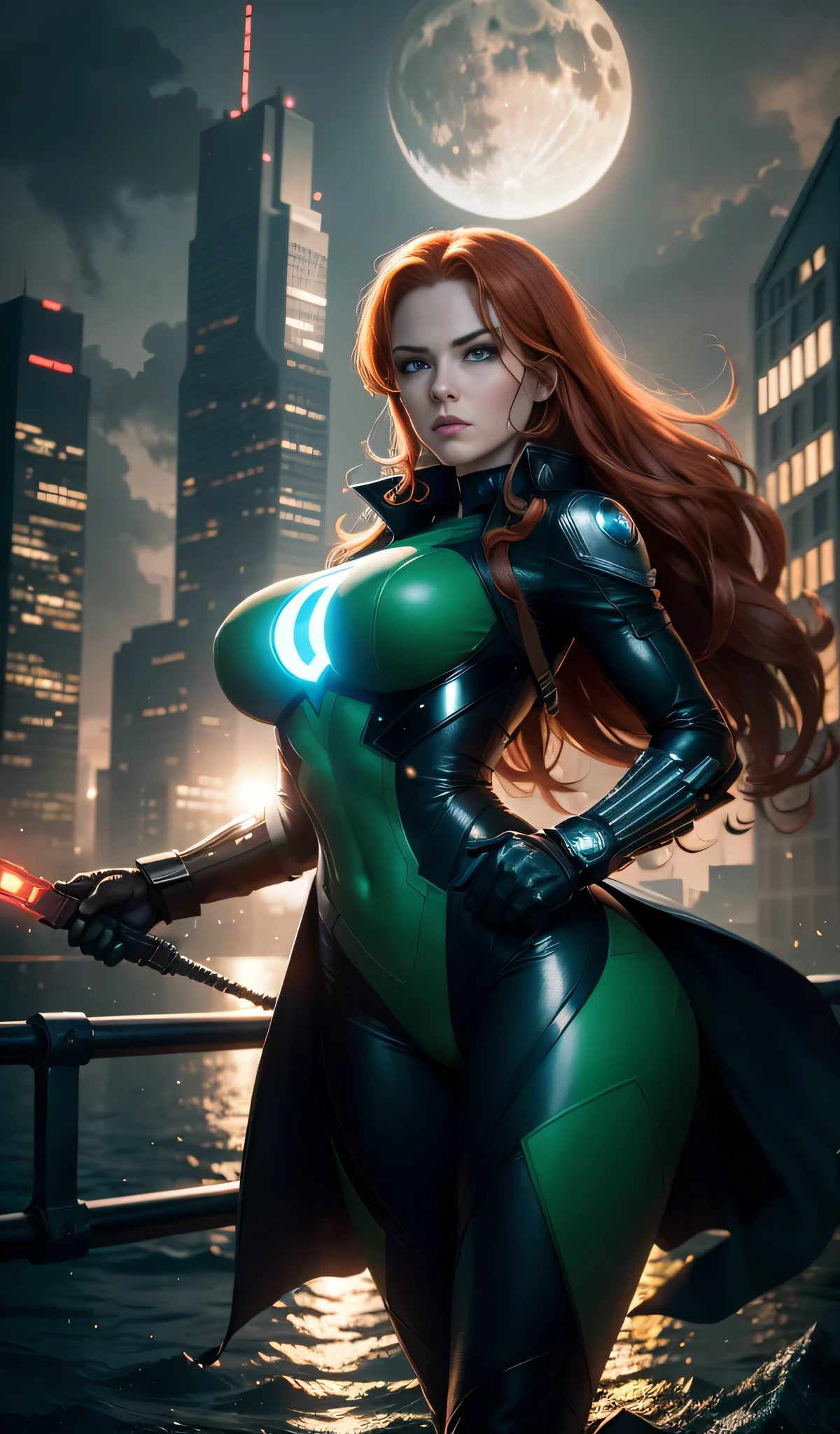 a girl, red hair, green eyes, mercenary, cyberpunk, long hair, curly hair, cyberpunk style, futuristic, green shiny dress, cyberpunk 2077, best quality, masterpiece, realistic, ultra detailed.