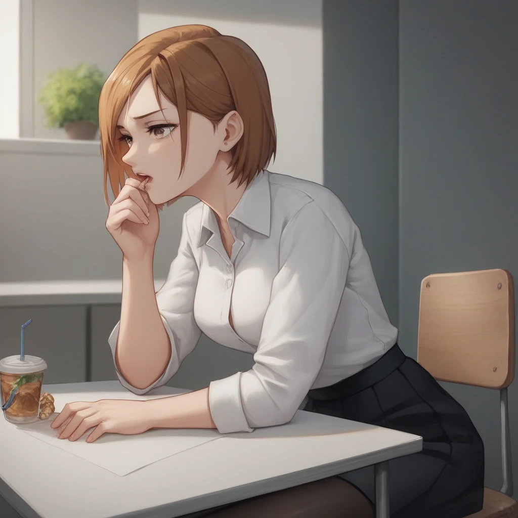 masterpiece,best quality,best details,nsfw,1 girl,short hair,brown hair,brown eyes,precise fingers,dress shirt,skirt,long black tights,long sleeve,a lot of food on the table,belly feels a little stuffing,sit on a chair,underground room,trapped underground room,Kugisaki Nobara,anime,