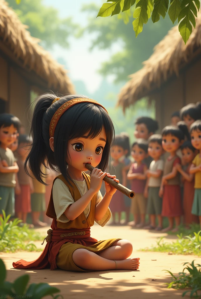 Hermoso paisaje，Boys and girls in national costumes singing.、He plays drums，Tranquilo y armonioso，dibujos animados de personajes