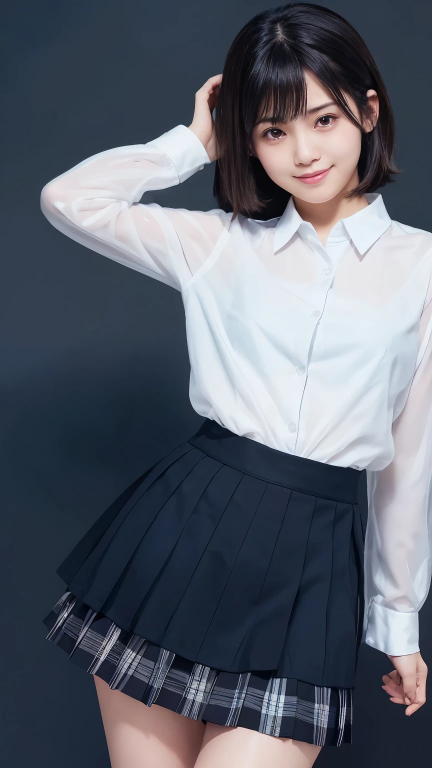 (Masterpiece:1.2, high quality), simple background,gray background, Chest thrust pose, Chest show-off pose,breast appeal pose,(japanese girl),(15yo), solo, 
white school  shirt ,
black eyes, navy blue school miniskirt, pure gaze, navy socks,plaid skirt, arms behind back,hands behind back,
((Tight fitting clothes)), ((Tight fitting shirt)) , (see-through shirt:1.5)
,
black hair, black eyes,
kawaii, light smile, (sweat), short hair, Black Hair,  hash cut,layer cut, ((messy hair )),hair between eyes, (beauty legs),volumirous breasts,big breasts,
((Cute face)),((pretty face)),
face detail, 
thin eyebrows ,
glow skin,face focus, breast focus ,thigh focus,glow skin


