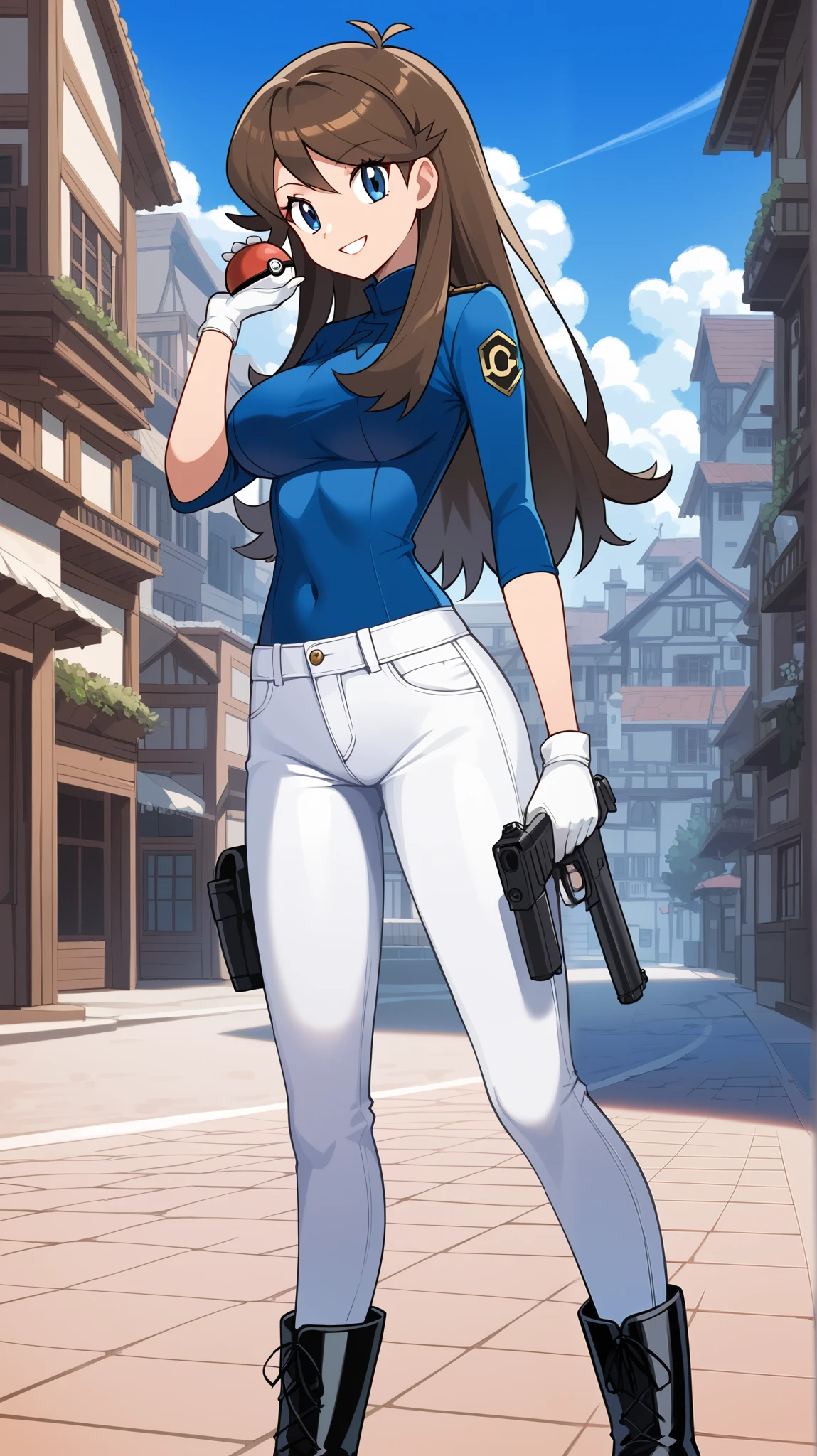  score_9,  score_8_Excellent,  score_7_Excellent,  score_6_Excellent,  best quality, sauce_Anime,  cell shading ,  flat color, vector,  detailed background , town,  break 1 girl , Alone, (\ Pokémon\),  brown hair, Long Hair,  blue eyes, White long sleeve military uniform , Ample breasts,  Viewers, 1 Female, Age 18,  I'm putting one hand on my waist, whole body,  slim figure without arms, Outdoor,  black boots,  seductive smiles from all around,  sexy smile, White jeans, Pistol, building,  Tall,  standing ,