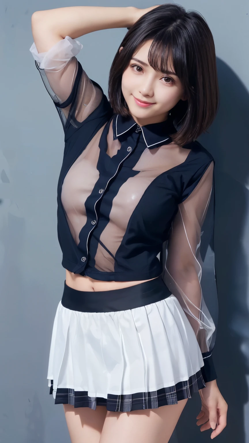 (Masterpiece:1.2, high quality), simple background,gray background, Chest thrust pose, Chest show-off pose,breast appeal pose,(japanese girl),(yo), solo, 
white school  shirt ,
black eyes, navy blue school miniskirt, pure gaze, navy socks,plaid skirt, arms behind back,hands behind back,
((Tight fitting clothes)), ((Tight fitting shirt)) , (see-through shirt:1.5)
,
black hair, black eyes,
kawaii, light smile, (sweat), short hair, Black Hair,  hash cut,layer cut, ((messy hair )),hair between eyes, (beauty legs),volumirous breasts,big breasts,
((Cute face)),((pretty face)),
face detail, 
thin eyebrows ,
glow skin,face focus, breast focus ,thigh focus,glow skin


