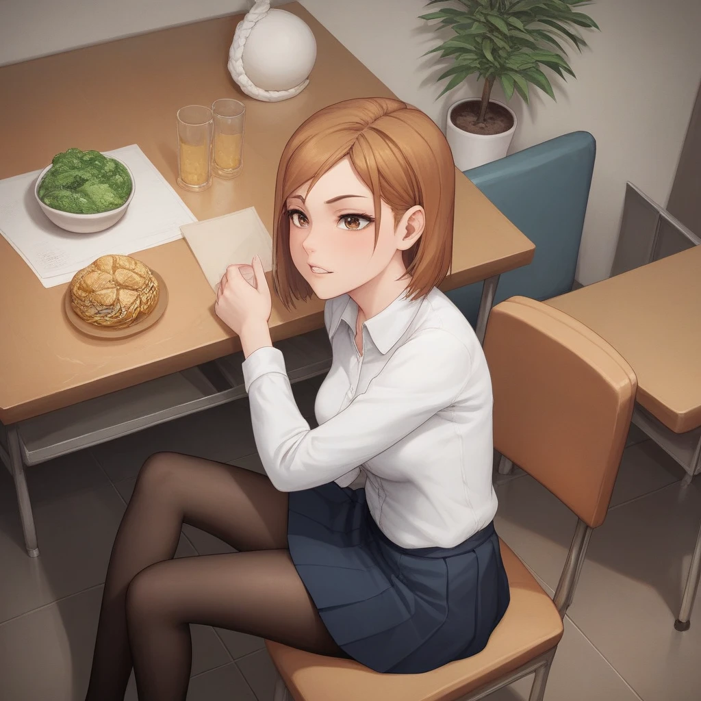 masterpiece,best quality,best details,nsfw,1 girl,short hair,brown hair,brown eyes,precise fingers,dress shirt,skirt,long black tights,long sleeve,a lot of food on the table,belly stuffing,sit on a chair,underground room,trapped underground room,Kugisaki Nobara,anime,