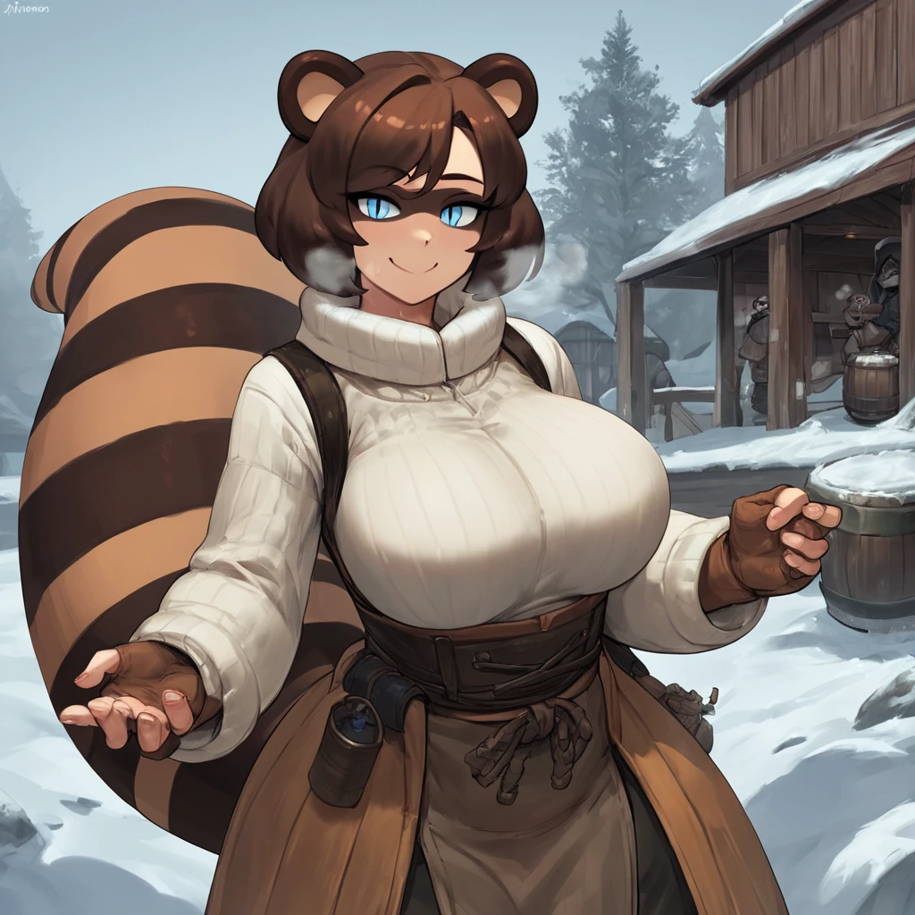 score_9, score_8_up, score_7_up, score_6_up, score_5_up, score_4_up, source_furry, by yboon, cowboy shot BREAK 1girl, thicc, large breasts, brown hair, black boots, outside, raccoon ears, raccoon tail, human, winter clothing, slender, curvy, Slit Pupils, Heavy Breathing, Seductive Smile, human, tanuki, barrel, blue eyes