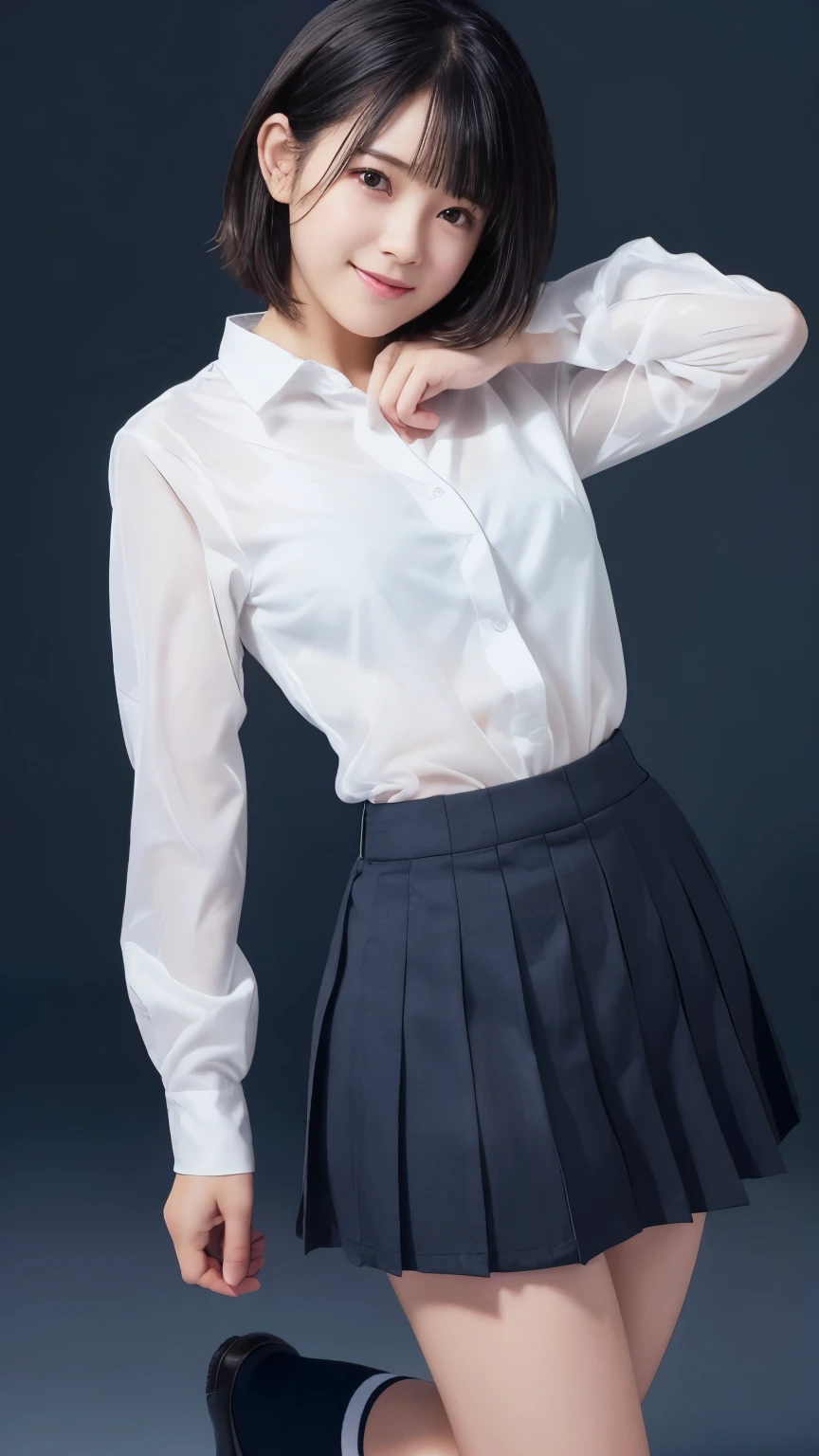 (Masterpiece:1.2, high quality), simple background,gray background, Chest thrust pose, Chest show-off pose,breast appeal pose,(japanese girl),(15yo), solo, 
white school  shirt ,
black eyes, navy blue school miniskirt, pure gaze, navy socks,plaid skirt, arms behind back,hands behind back,
((Tight fitting clothes)), ((Tight fitting shirt)) , (see-through shirt:1.5)
,
black hair, black eyes,
kawaii, light smile, (sweat), short hair, Black Hair,  hash cut,layer cut, ((messy hair )),hair between eyes, (beauty legs),volumirous breasts,big breasts,
((Cute face)),((pretty face)),
face detail, 
thin eyebrows ,
glow skin,face focus, breast focus ,thigh focus,glow skin


