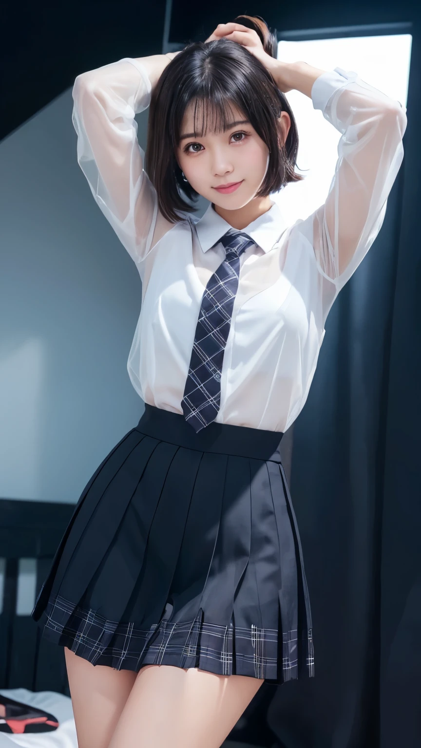 (Masterpiece:1.2, high quality), simple background,gray background, Chest thrust pose, Chest show-off pose,breast appeal pose,(japanese girl),(15yo), solo, 
white school  shirt ,
black eyes, navy blue school miniskirt, pure gaze, navy socks,plaid skirt, arms behind back,hands behind back,
((Tight fitting clothes)), ((Tight fitting shirt)) , (see-through shirt:1.5)
,
black hair, black eyes,
kawaii, light smile, (sweat), short hair, Black Hair,  hash cut,layer cut, ((messy hair )),hair between eyes, (beauty legs),volumirous breasts,big breasts,
((Cute face)),((pretty face)),
face detail, 
thin eyebrows ,
glow skin,face focus, breast focus ,thigh focus,glow skin


