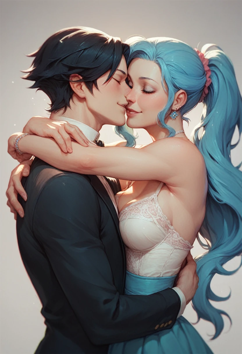 NSFW,masterpiece,Highest quality,High resolution,Super detailed,Star Town Suisei\(Hololive\),Blue Hair,One Side Ponytail,Blue Eyes,Small breasts,(High-quality see-through dress,silk),Estrus,smile,blush,(Sweat),Luxurious Room,Party Venue,chandelier,(Middle-aged men),A man puts his hands on her waist and hugs her,Having sex,Insert,Creampie,heart,Being spoiled,Physical contact,Deep Kiss