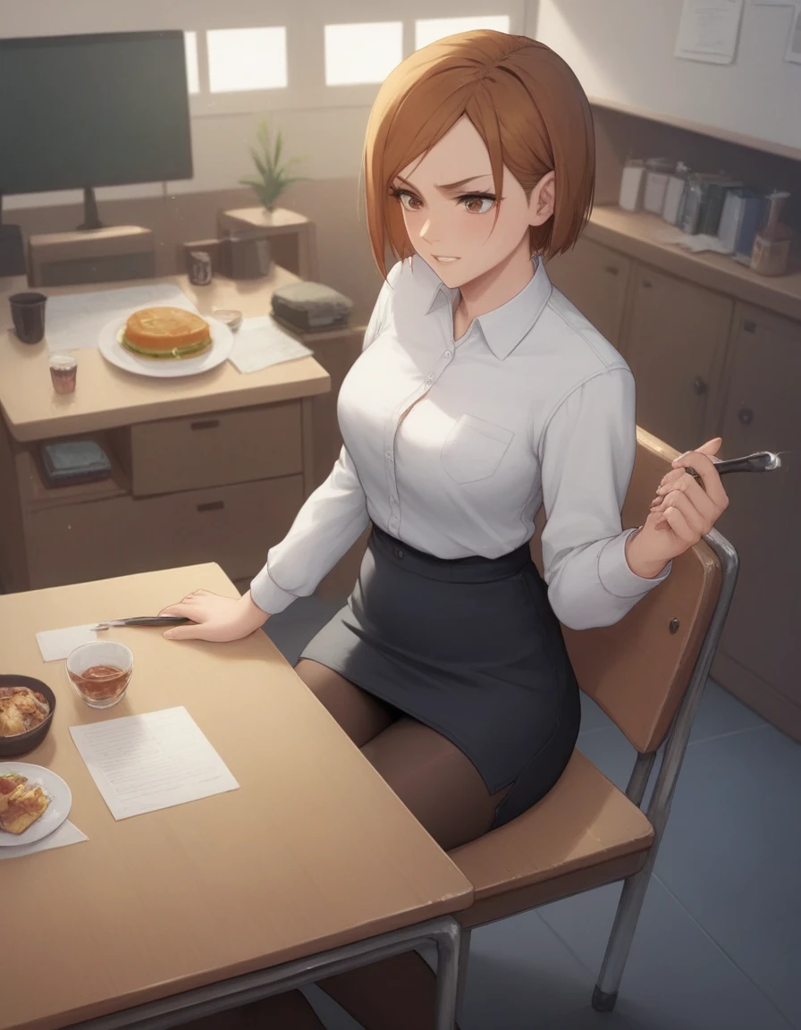 masterpiece,best quality,best details,nsfw,1 girl,short hair,brown hair,brown eyes,precise fingers,dress shirt,skirt,long black tights,long sleeve,a lot of food on the table,big belly,belly stuffing,sit on a chair,underground room,trapped underground room,Kugisaki Nobara,anime,