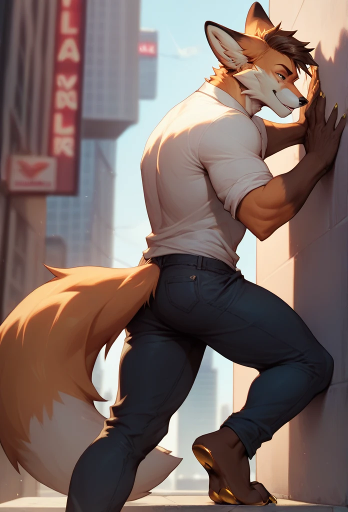 Male, anthropomorphic, fox, stripes, gold nails, city, athletic, ultra realistic, thighs, gold pawpads, lonely, leaning against wall