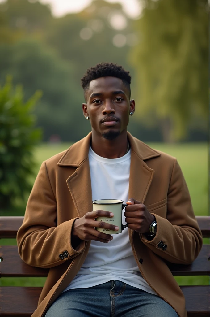 best qualityer:1.4), (ultra high resolution:1.2), (photorrealistic:1.4), (8k, CRU photo:1.2), a thin young man of 20 years old, skin black, with a smooth, beardless face, corte de cabelo buzzcut, is sitting on a chair outdoors in an urban setting. He wears a simple white t-shirt, black pants and a green sweater thrown over his shoulders. He wears a dark green cap with the New York Yankees logo., Thin frame glasses. On the feet, he wears white sneakers with green details. The man holds a glass of cold drink and appears to be relaxing while sipping his coffee. The scenery in the background is made up of stone paving and a glass facade., indicating a cafe or restaurant environment. A thin person.