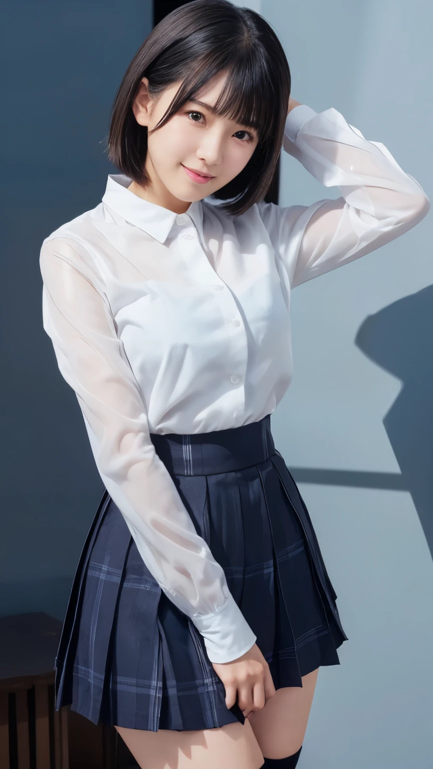 (Masterpiece:1.2, high quality), simple background,gray background, Chest thrust pose, Chest show-off pose,breast appeal pose,(japanese girl),(15yo), solo, 
white school  shirt ,
black eyes, navy blue school miniskirt, pure gaze, navy socks,plaid skirt, arms behind back,hands behind back,
((Tight fitting clothes)), ((Tight fitting shirt)) , (see-through shirt:1.5)
,
black hair, black eyes,
kawaii, light smile, (sweat), short hair, Black Hair,  hash cut,layer cut, ((messy hair )),hair between eyes, (beauty legs),volumirous breasts,big breasts,
((Cute face)),((pretty face)),
face detail, 
thin eyebrows ,
glow skin,face focus, breast focus ,thigh focus,glow skin


