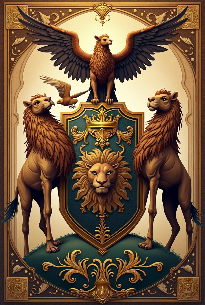 Create an Andrade Family Coat of Arms, with 4 elements: LION, EAGLE, SHIELD.