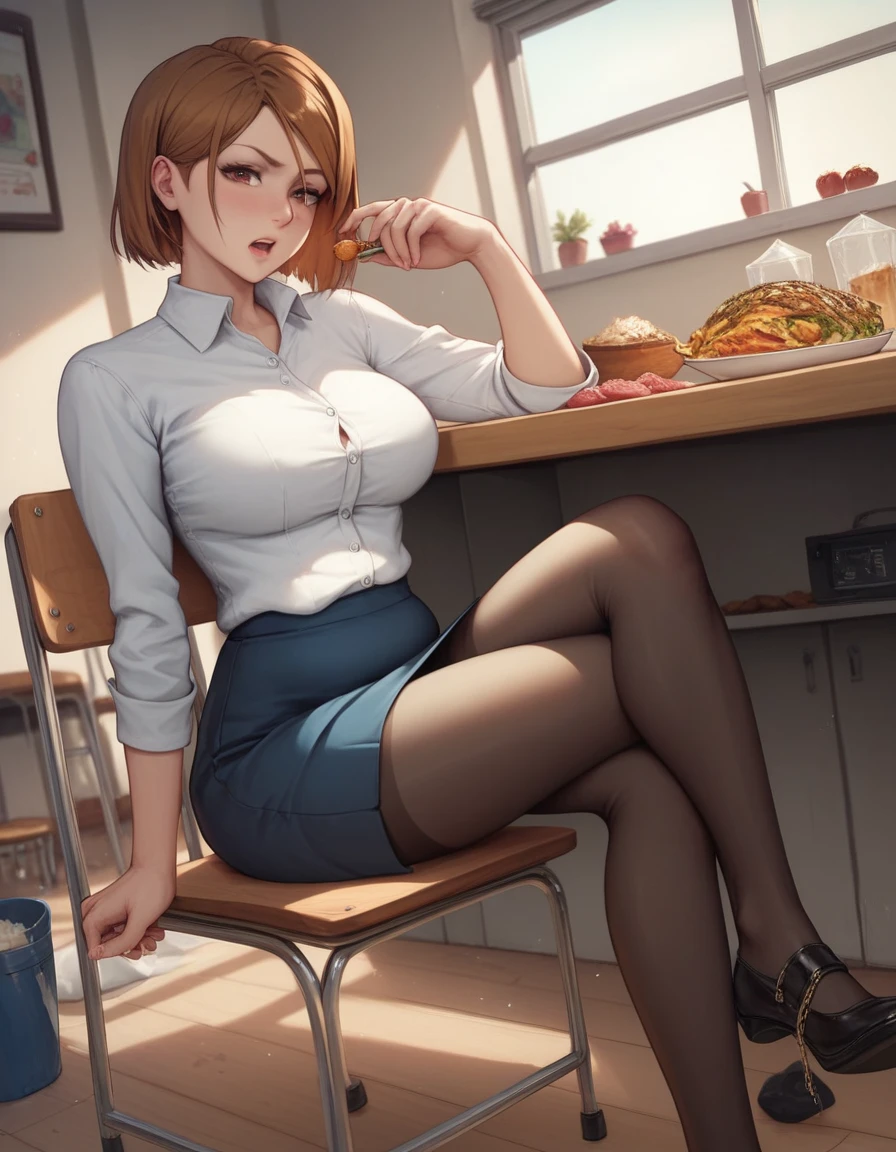 masterpiece,best quality,best details,nsfw,1 girl,short hair,brown hair,brown eyes,precise fingers,dress shirt,skirt,long black tights,long sleeve,a lot of food on the table,big belly,belly stuffing,sit on a chair,underground room,trapped underground room,Kugisaki Nobara,anime,