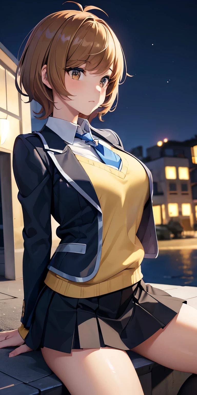 1 Female,High definition,high resolution,Ultra-realistic,8K, hmza, short hair, antenna hair, brown eyes, school uniform, blue necktie, yellow shirt,black jacket, long sleeves, black skirt,tight skirt, miniskirt,European,sexy,Upper body close-up,Photographed from the front,Dynamic Angles,private teacher,blush, medium tits ,outdoors, moonlight, dark sky, buildings,full body,4k, ultra high definition, perfect face, detailed face , (profile view), sitting ,(pov, closed shot:1.2)