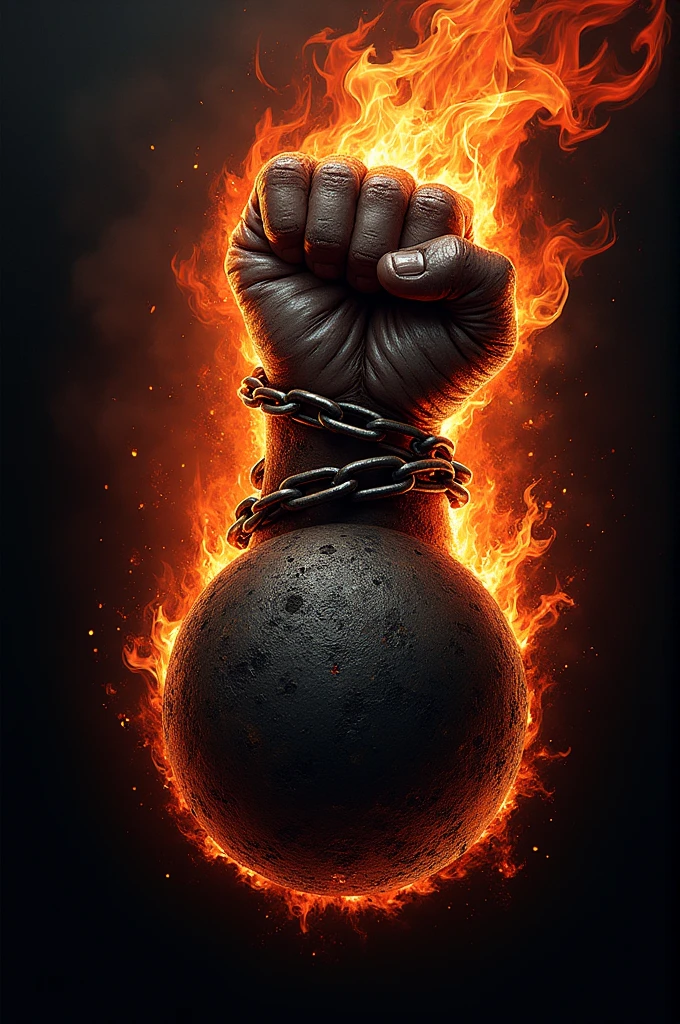 Create a logo for a metal band based on an arm with chains tied to a heavy iron ball in flames and whose arm is burned by the flames