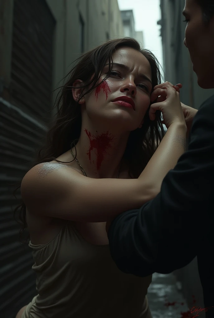 (best quality), (masterpiece), young woman, angel, ((, weak and tired eyes, tears, messy hair), (perfect body, perfect boobs, perfect thighs), (bruises and bloodstains on face and body, wounds and cuts, busted and bleeding lips), (wearing long white togas, ripped and torn clothes, bloodstains on clothes), (kneeling weakly, damaged and broken white furry wings), (cruel torture, gore, guro, horror and bloody), (dark, foggy and dusty, dark prison room), (high resolution, high saturation, ultra realistic, realism)