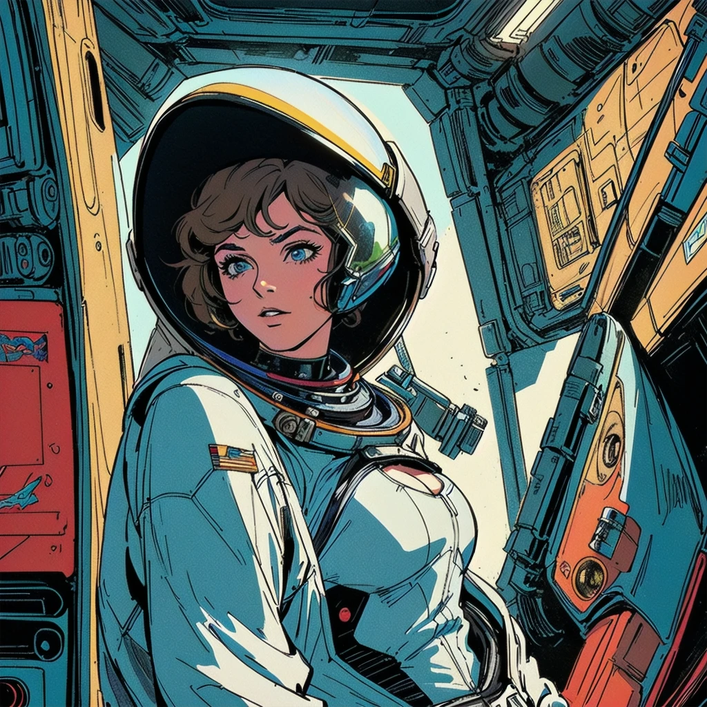 ((( Best Quality Masterpiece ))),(Lonely Goddess),(spacesuit that emphasizes cleavage ),((( 70s and 80s space thriller movie posters))),( American Comics ),((( retro vintage style ))),Overwhelmingly complex depiction,Absolute machine group background, futuristic cyberpunk ,Extremely accurate and delicate depiction,