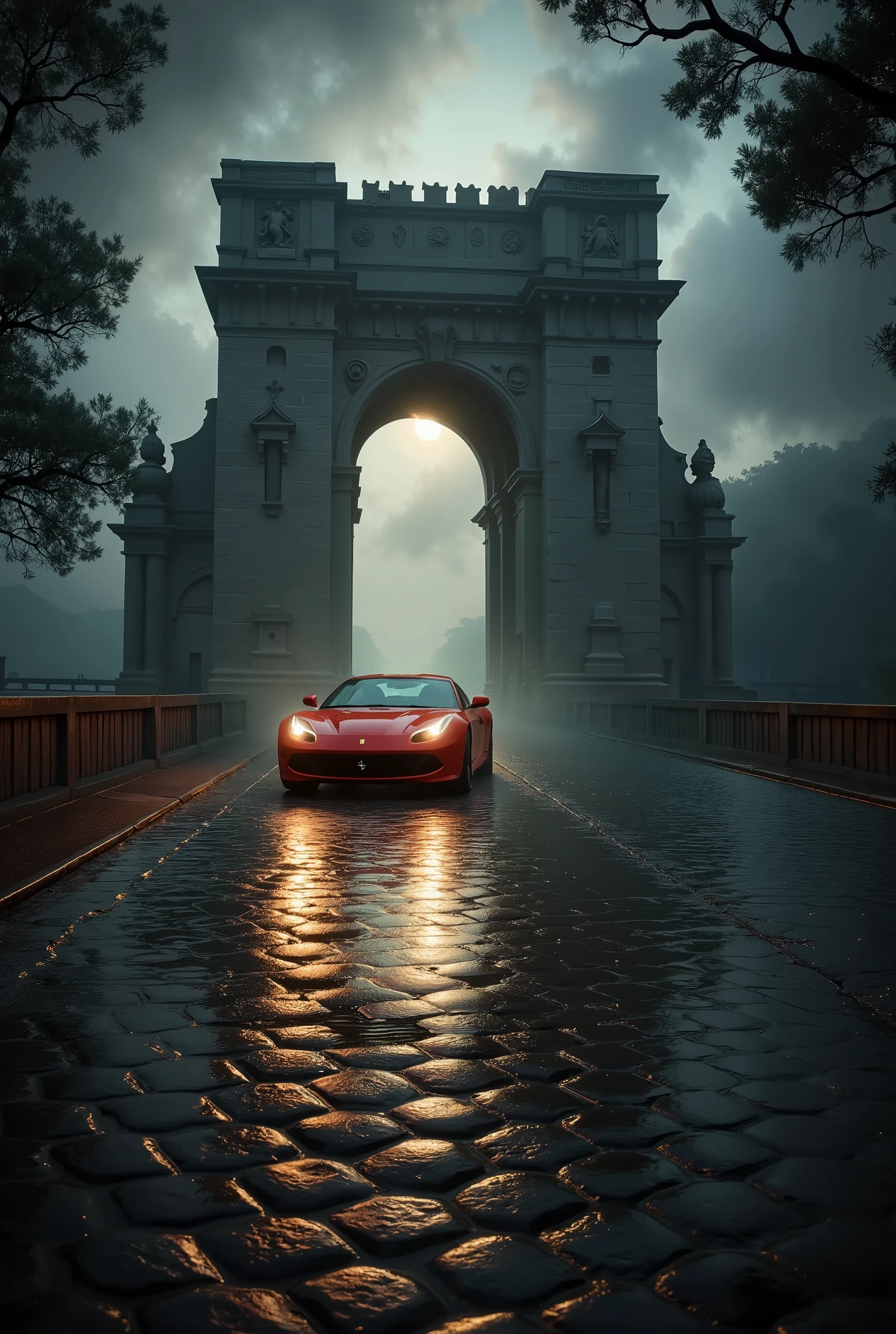 Create an ultra-realistic, cinematic image of a distinct ancient bridge with grand Roman architecture, its majestic stone arches stretching over a calm, reflective river on a thick, foggy night. The bridge's intricate carvings and timeworn textures are faintly illuminated by soft moonlight breaking through the dense fog, enhanced by a dramatic Tyndall effect that casts beams of light across the scene. The bridge's surface features a meticulously crafted Roman cobblestone road, with large, weathered stone blocks forming the path. The atmosphere is both serene and mysterious, with the fog partially obscuring the surrounding environment, leaving the bridge as the primary focal point. A sleek, crimson Ferrari Roma speeds across the cobblestone road, its streamlined form gleaming under the soft glow of scattered light. The car’s headlights cut sharply through the fog, creating dynamic light trails and vivid reflections on the damp, textured cobblestones beneath it. The image captures a harmonious blend of ancient and modern, emphasizing the timeless grandeur of Roman architecture juxtaposed with the futuristic elegance of the Ferrari. Shot using a Canon EOS R5 with a 35mm f/1.2 lens, the composition highlights the intricate textures of the cobblestones, the bridge’s details, and the Ferrari, while the interplay of fog, light, and reflections creates an award-winning masterpiece, blending realism with an atmospheric, moody quality that captivates the viewer.