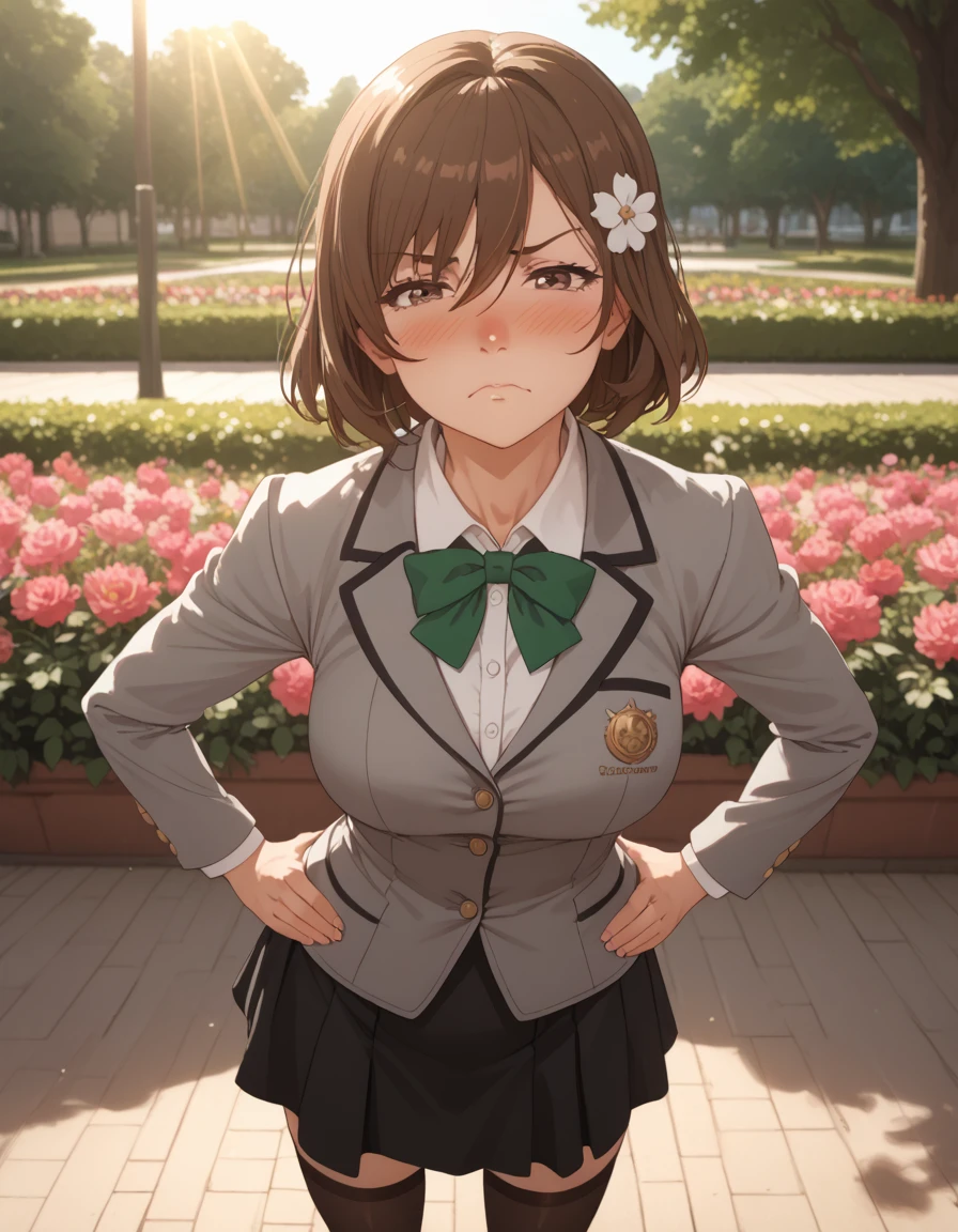 score_9, score_8_up, score_7_up, score_6_up, source_anime, 1girl, solo, park, flowers, light rays, close-up, nose blush, half-closed eyes, looking at viewer, hands on own hips, upset, pout, puffed cheeks, maria, medium hair, brown hair,  hair between eyes, hair ornament, brown eyes, grey jacket, open jacket, long sleeves, green bow, white shirt, collared shirt, black vest, buttons, black dress, black thighhighs, black loafers