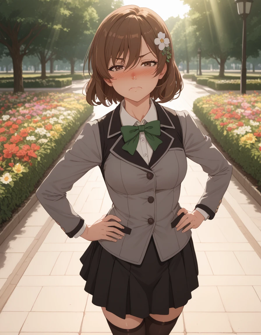 score_9, score_8_up, score_7_up, score_6_up, source_anime, 1girl, solo, park, flowers, light rays, close-up, nose blush, half-closed eyes, looking at viewer, hands on own hips, upset, pout, puffed cheeks, maria, medium hair, brown hair,  hair between eyes, hair ornament, brown eyes, grey jacket, open jacket, long sleeves, green bow, white shirt, collared shirt, black vest, buttons, black dress, black thighhighs, black loafers