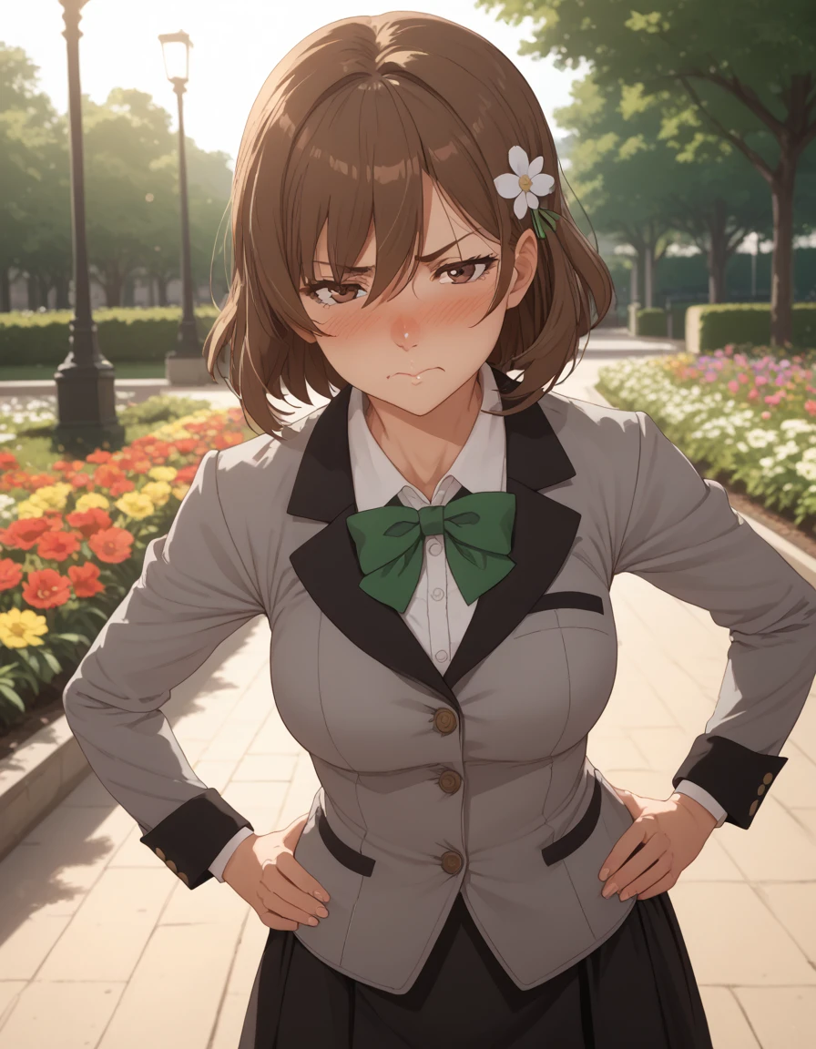 score_9, score_8_up, score_7_up, score_6_up, source_anime, 1girl, solo, park, flowers, light rays, close-up, nose blush, half-closed eyes, looking at viewer, hands on own hips, upset, pout, puffed cheeks, maria, medium hair, brown hair,  hair between eyes, hair ornament, brown eyes, grey jacket, open jacket, long sleeves, green bow, white shirt, collared shirt, black vest, buttons, black dress, black thighhighs, black loafers